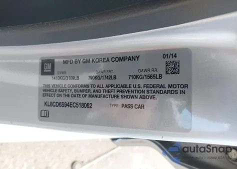 2014 Chevrolet Spark 1Lt Auto z USA, uszkodzony, nr VIN KL8CD6S94EC518062